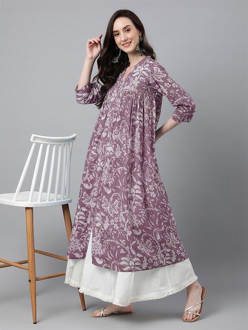 women floral three quarter sleeve flared kurta - 21688828 - Standard Image - 0