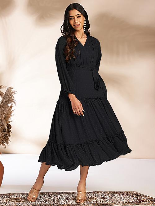 women black solid v neck tiered dress - 21688837 -  Standard Image - 0