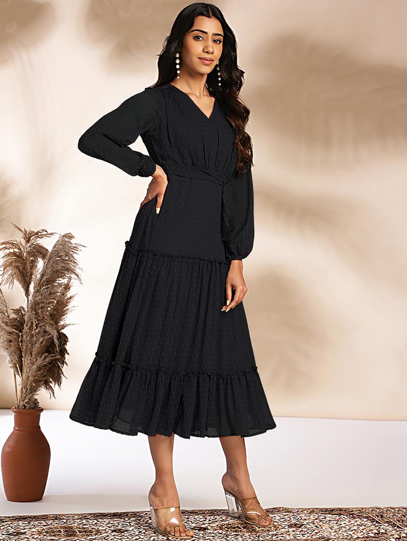 women black solid v neck tiered dress - 21688837 -  Standard Image - 1
