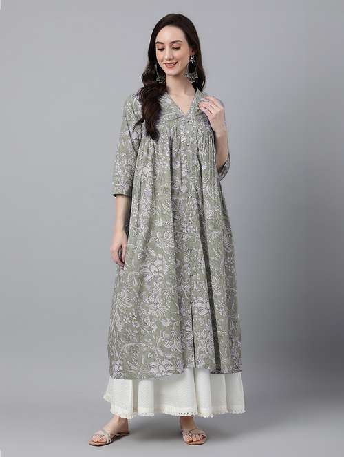 women floral three quarter sleeve flared kurta - 21688841 - Standard Image - 0