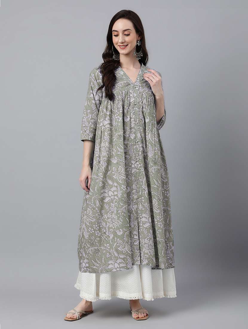 women floral three quarter sleeve flared kurta - 21688841 - Zoom Image - 0