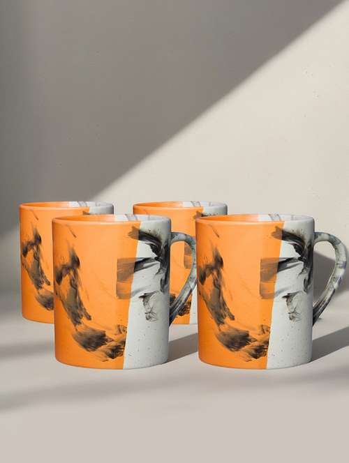 ekaura ceramic lightning mug set of 4 for coffee, milk and other beverages, tea mug (white & orange)