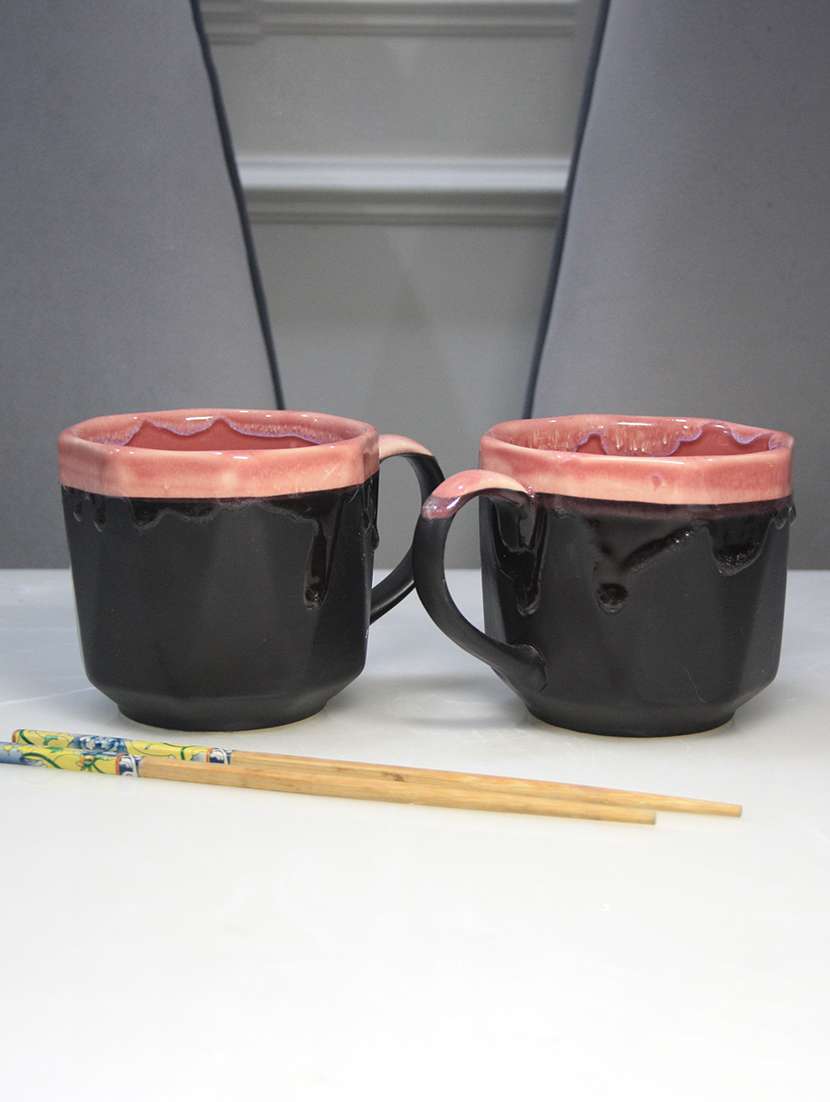ekaura ceramic checkered classic maggie and noodle cup ceramic maggie, 500ml black & pink - noodles, pasta stylish mug set of 2