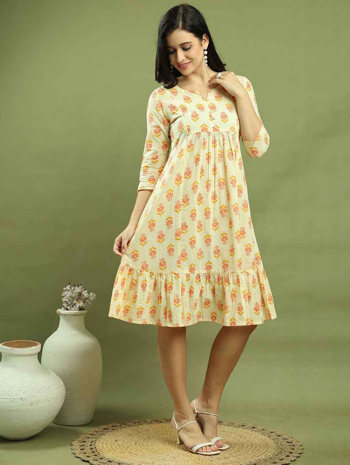 women cream floral printed tiered dress - 21688970 -  Standard Image - 1