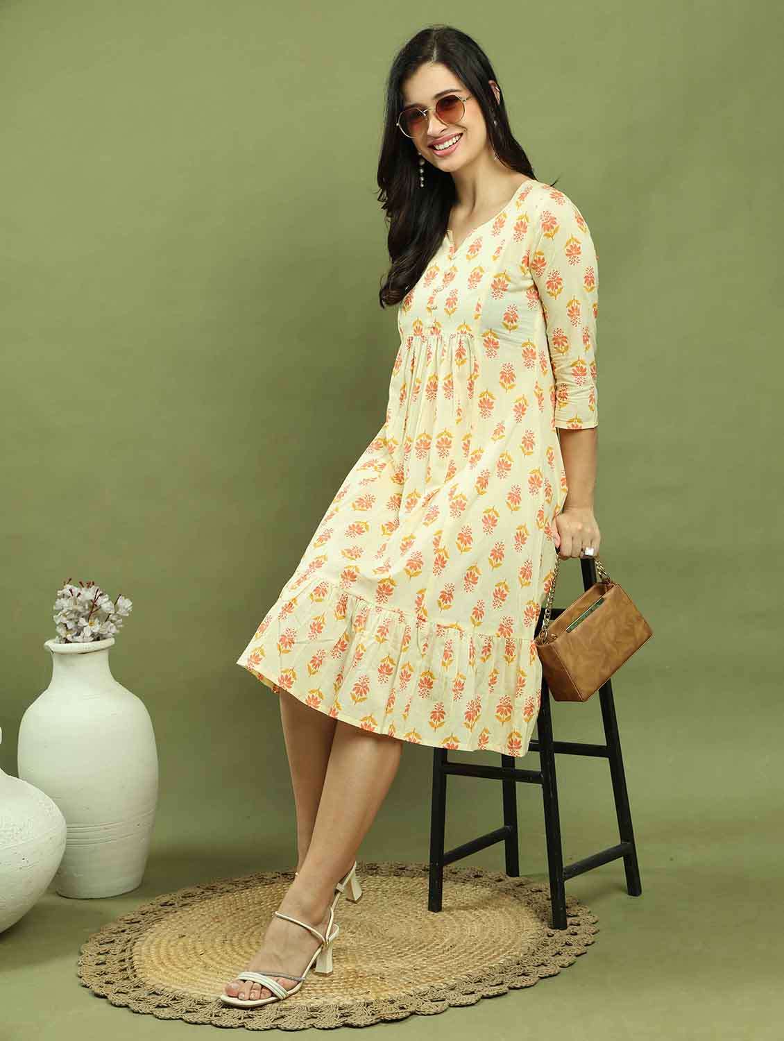 women cream floral printed tiered dress - 21688970 -  Standard Image - 4