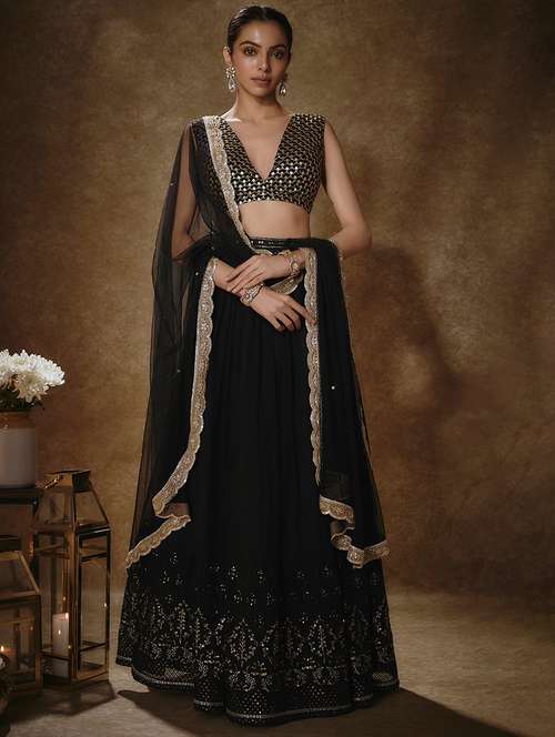 women black embroidered semi-stitched flared lehnga - 21689015 -  Standard Image - 0