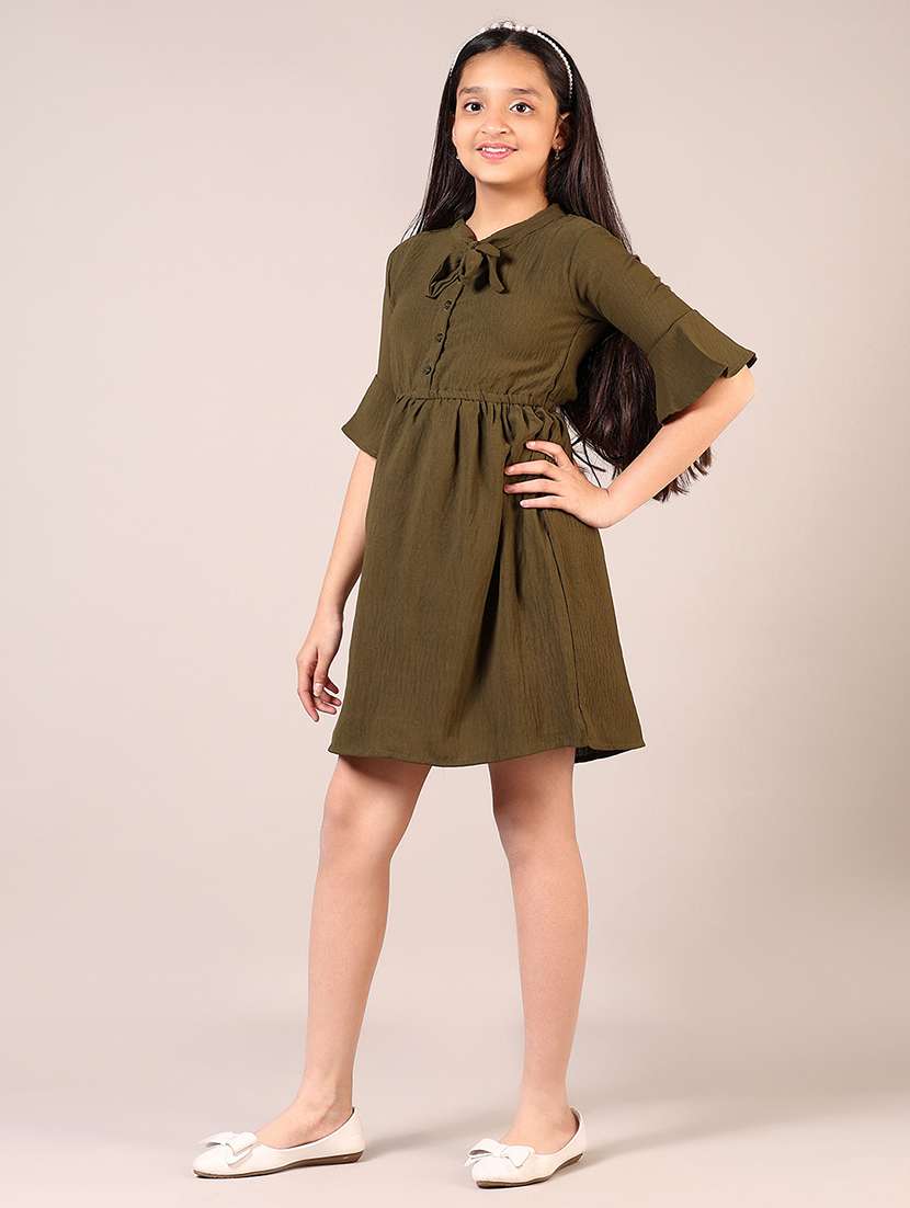 girls olive solid tie up neck fit & flare dress - 21689443 -  Standard Image - 1