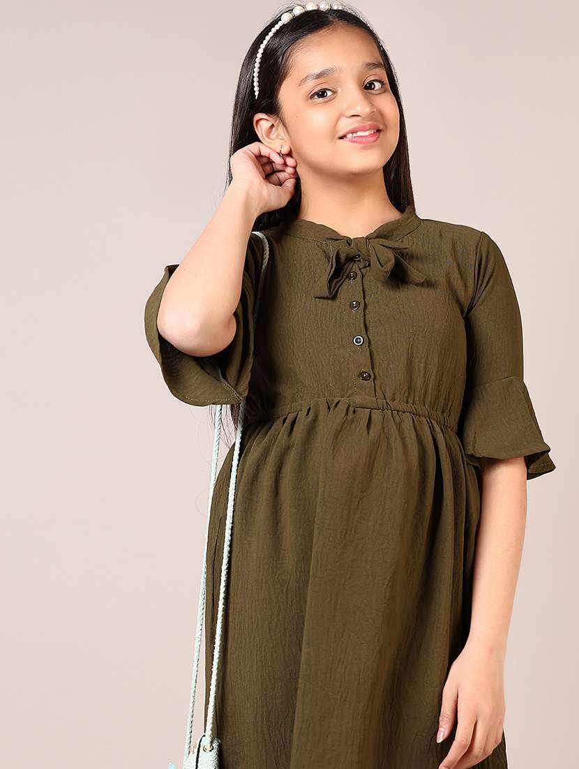 girls olive solid tie up neck fit & flare dress - 21689443 -  Standard Image - 4