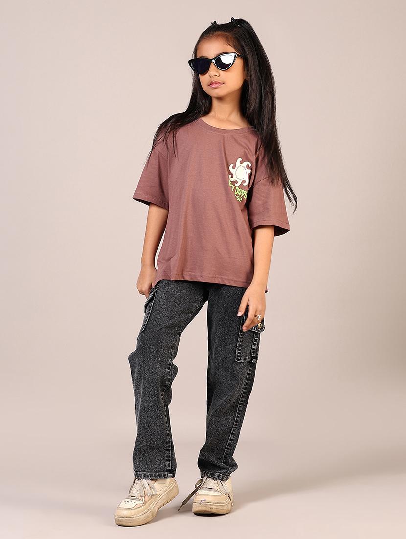girls brown printed round neck tee - 21689517 - Standard Image - 4