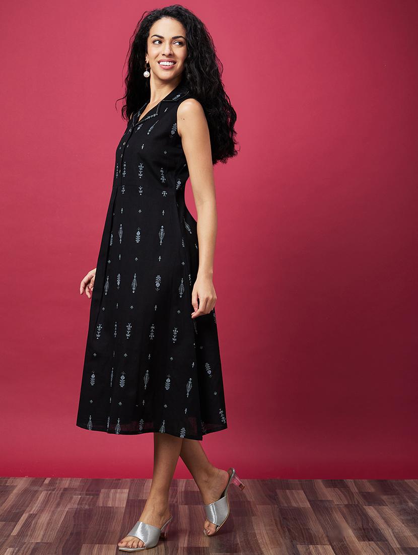 globus women black ethic motif printed cuban collar a-line midi dress - 21689574 - Standard Image - 1