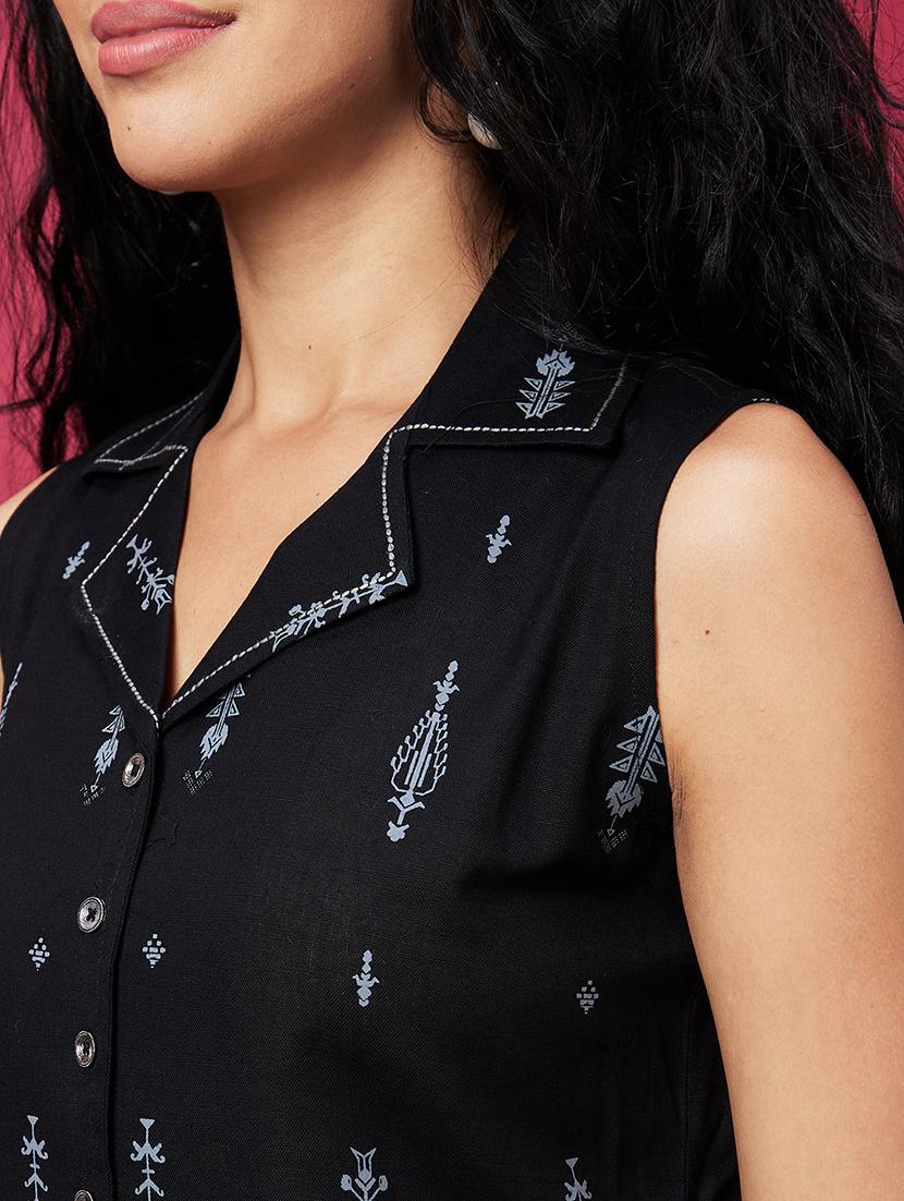 globus women black ethic motif printed cuban collar a-line midi dress - 21689574 - Standard Image - 4