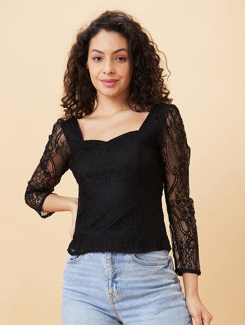 women lace deatiled puff sleeves regular top - 21689579 -  Standard Image - 0