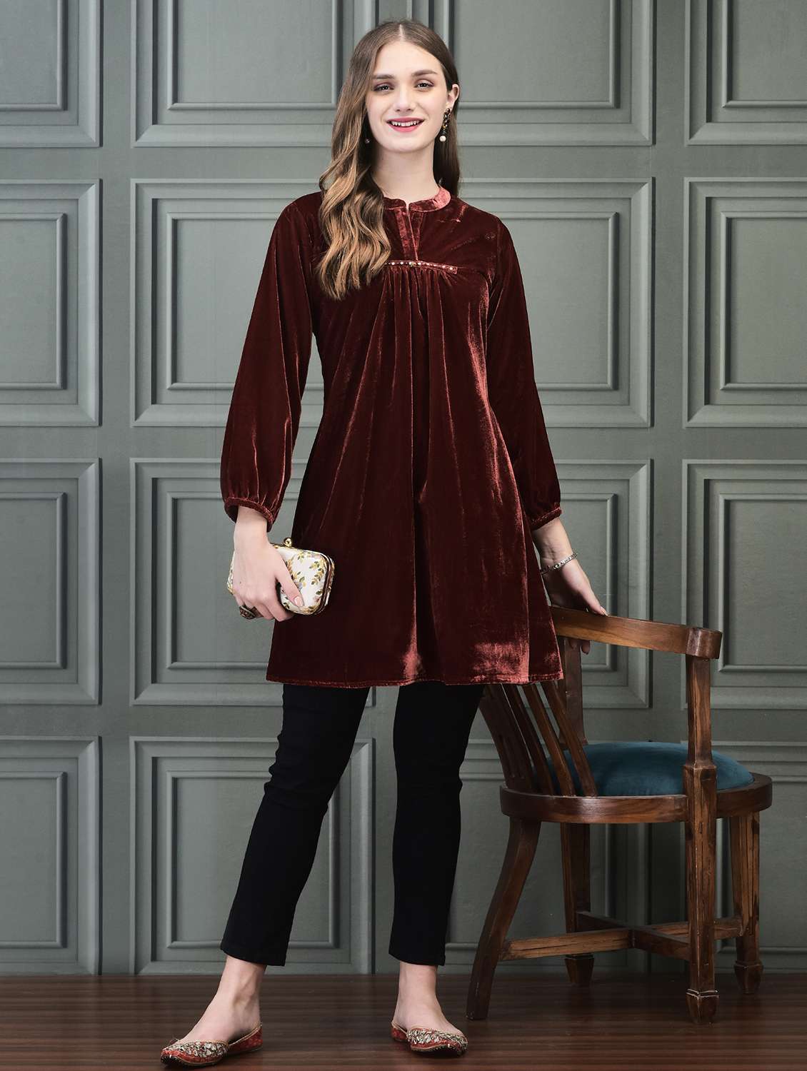 women solid long sleeve a-line tunic - 21689618 -  Standard Image - 4