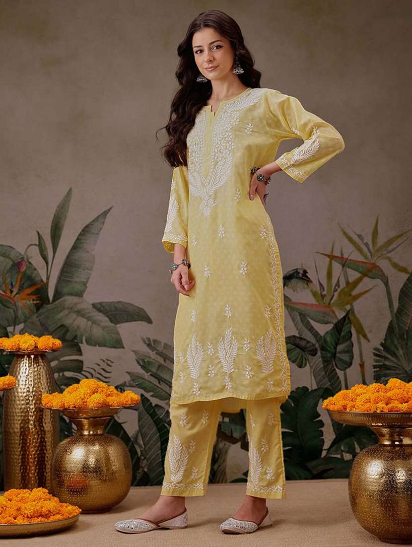 women solid with work notch neck kurta set - 21689692 -  Standard Image - 1