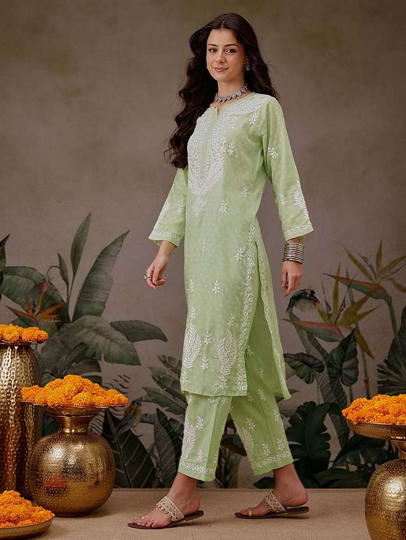 women solid with work notch neck kurta set - 21689693 -  Standard Image - 1