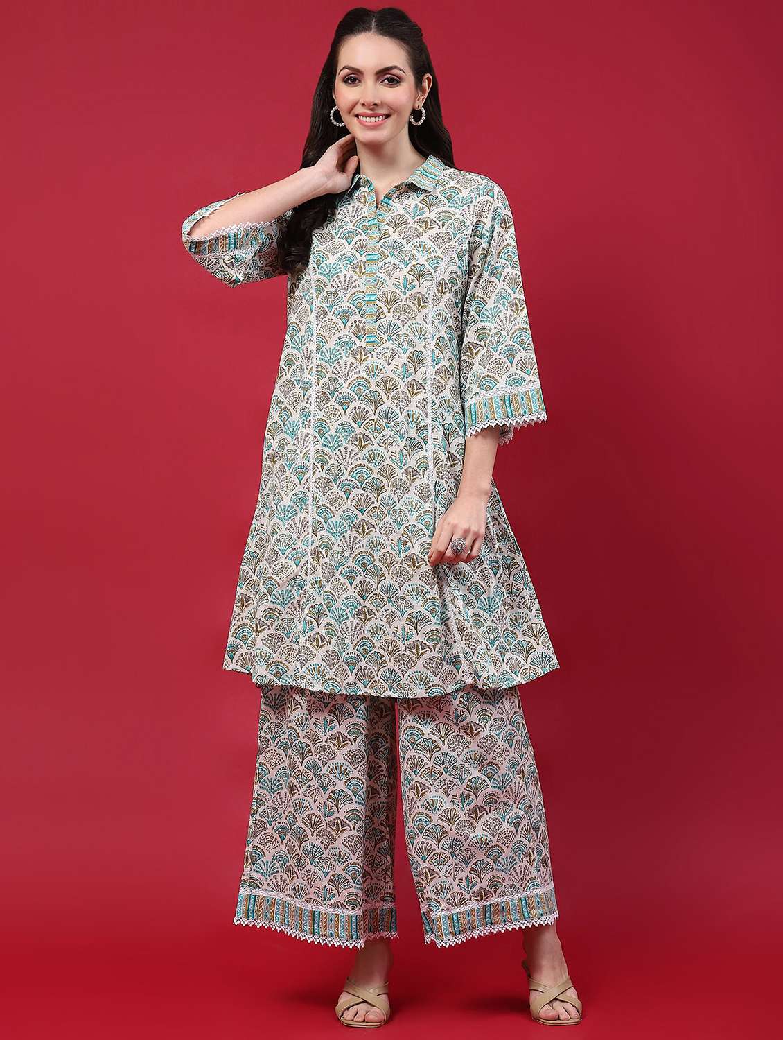 women three quarter sleeve ethnic co-ord set - 21689698 - Standard Image - 1