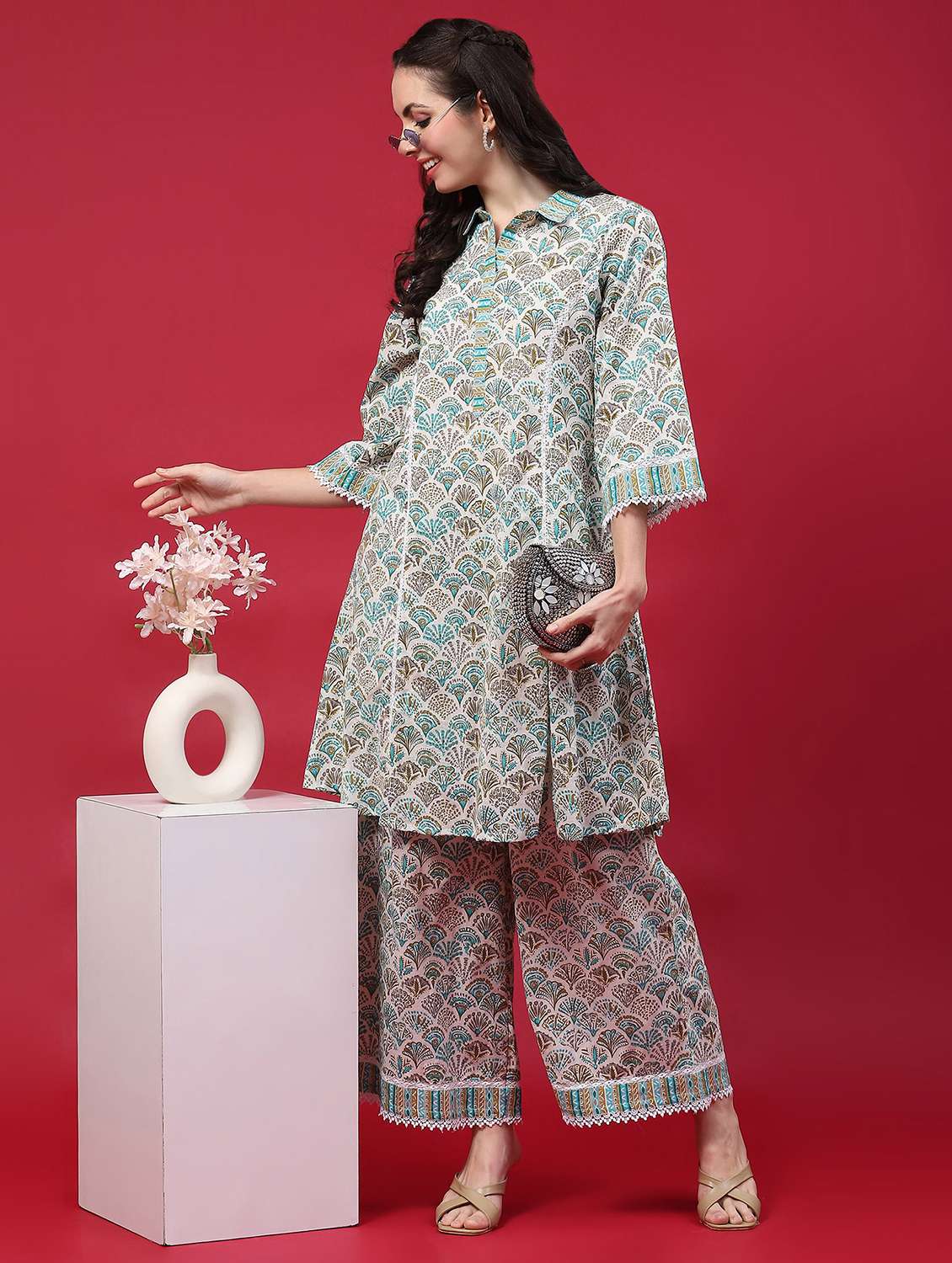 women three quarter sleeve ethnic co-ord set - 21689698 - Standard Image - 4