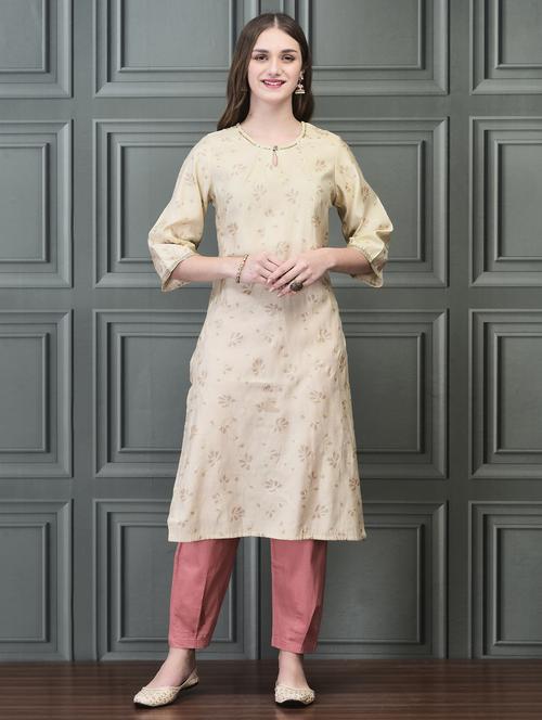 women cream three quarter sleeve straight kurta - 21689731 - Standard Image - 0