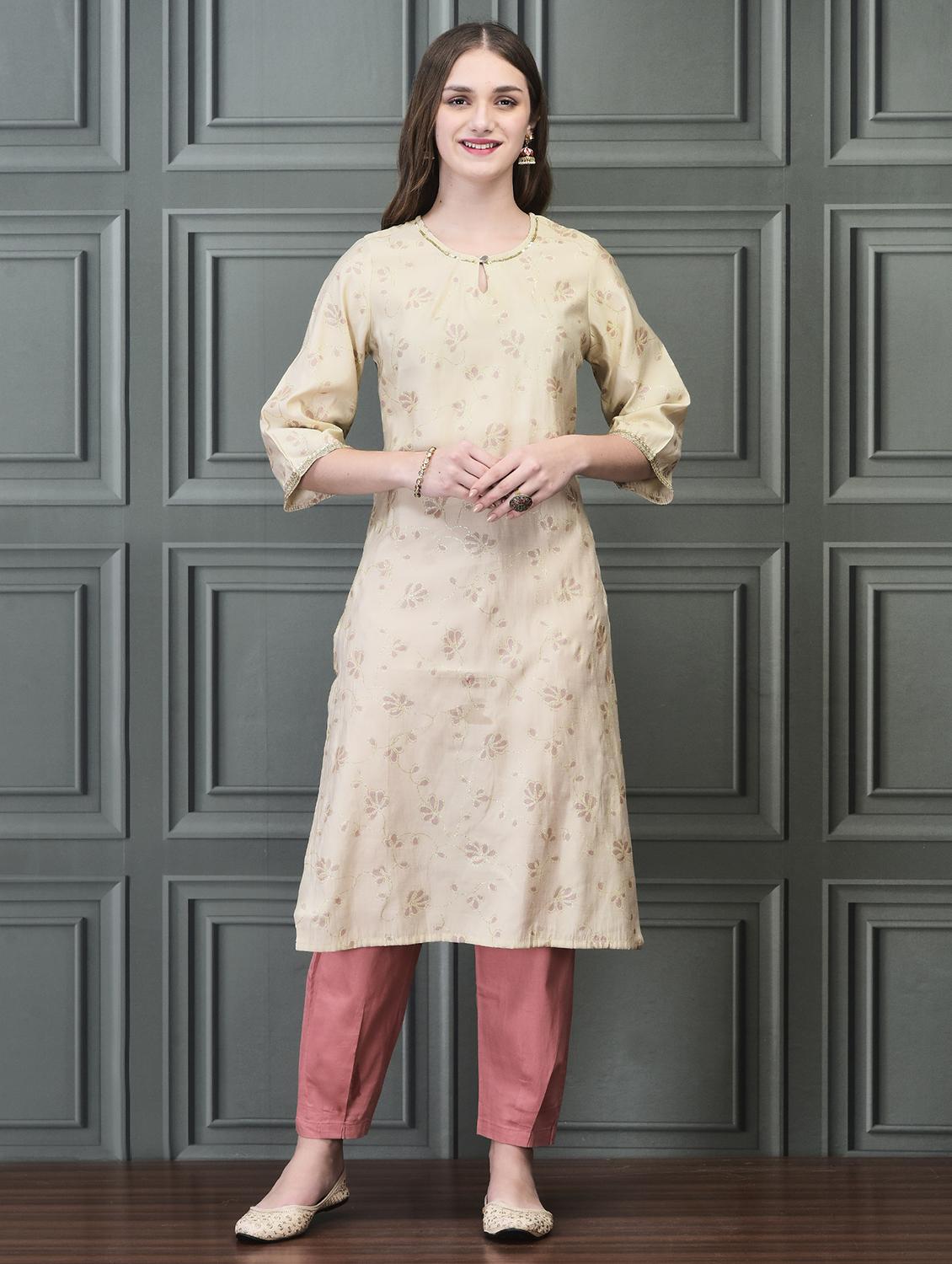women cream three quarter sleeve straight kurta - 21689731 - Zoom Image - 0