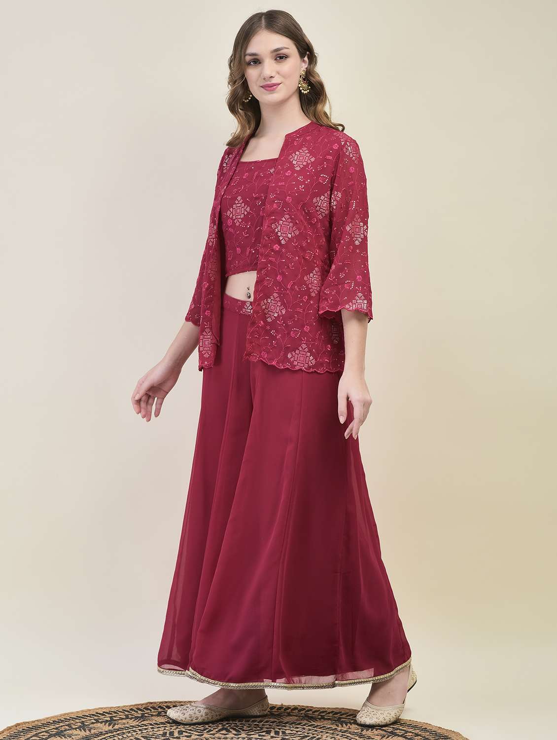 women magenta three quarter sleeve fusion set - 21689733 -  Standard Image - 1