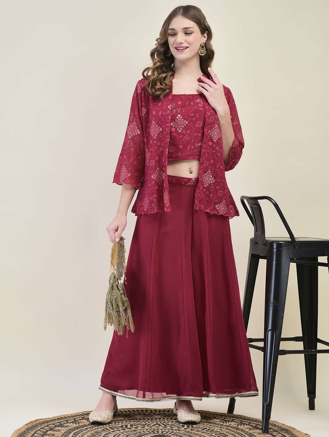 women magenta three quarter sleeve fusion set - 21689733 -  Standard Image - 4