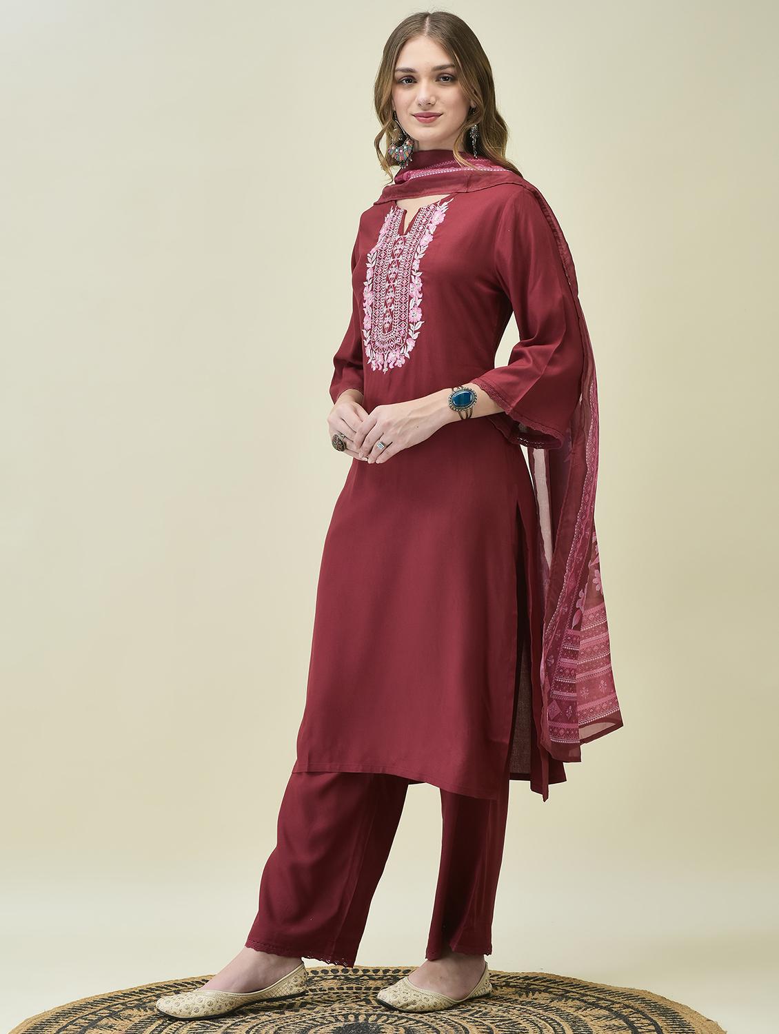 women embroidered three quarter sleeve kurta comfort pant dupatta - 21689743 - Standard Image - 1