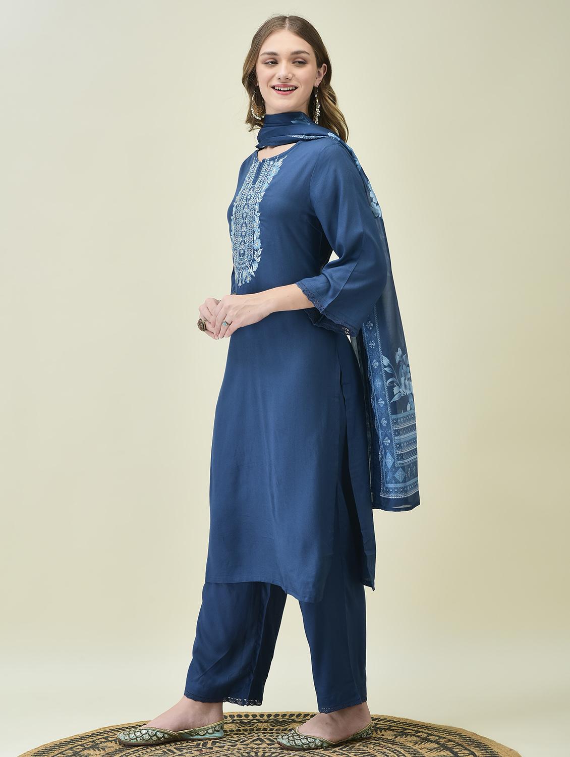 women embroidered three quarter sleeve kurta comfort pant dupatta - 21689744 - Standard Image - 1