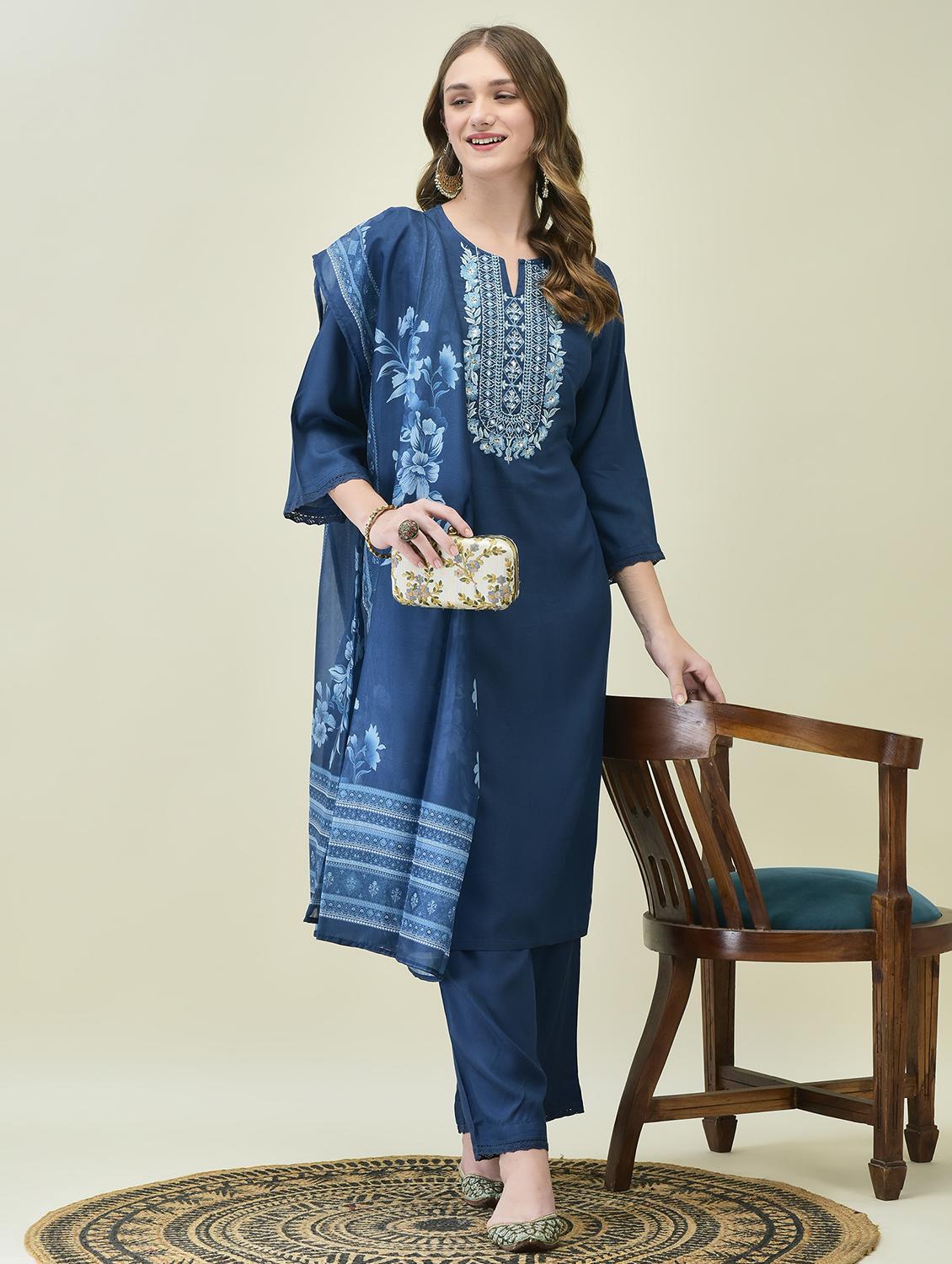 women embroidered three quarter sleeve kurta comfort pant dupatta - 21689744 - Standard Image - 4