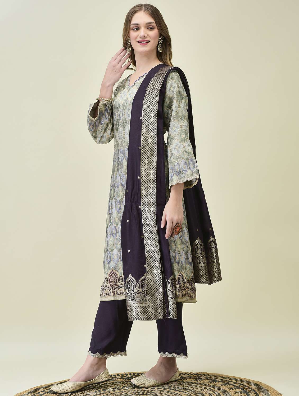 women grey long sleeve kurta pant with dupatta set - 21689747 - Standard Image - 1