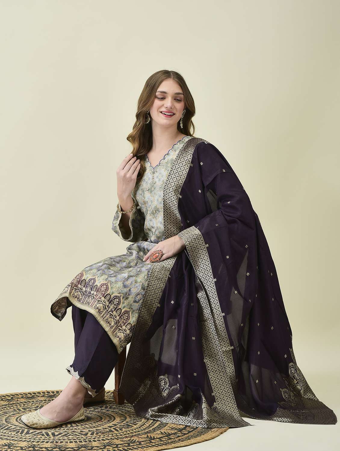 women grey long sleeve kurta pant with dupatta set - 21689747 - Standard Image - 4