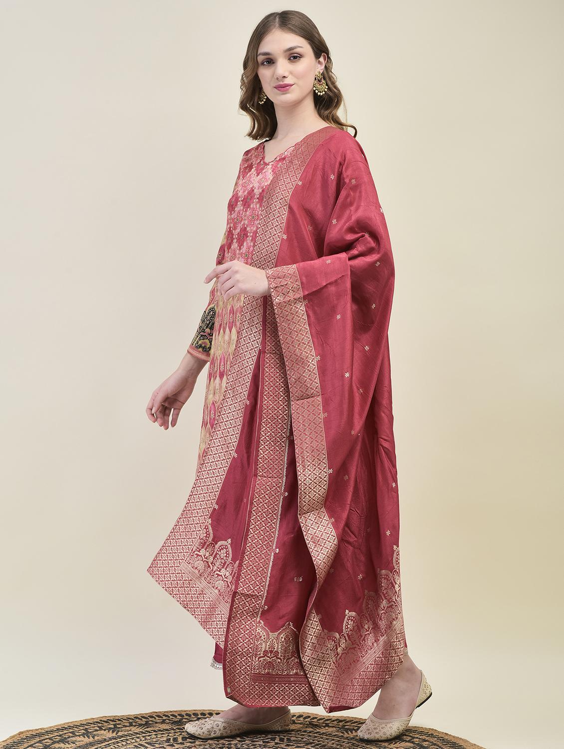 women pink long sleeve kurta pant with dupatta set - 21689748 - Standard Image - 1