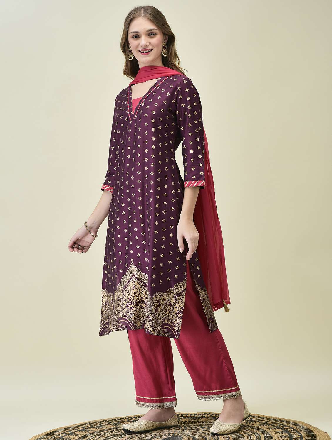 women three quarter sleeve kurta pant with dupatta set - 21689753 -  Standard Image - 1