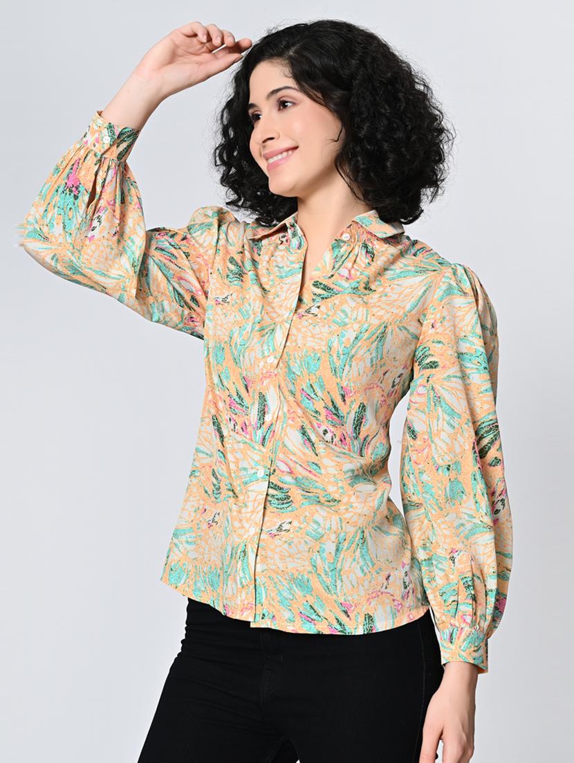 women printed collared puff sleeeves regular shirt - 21689894 -  Standard Image - 1