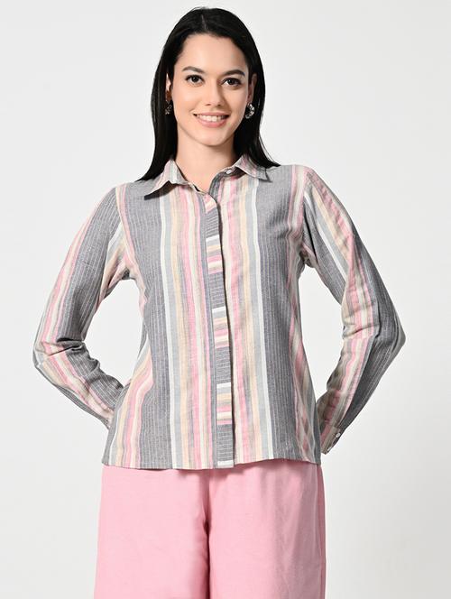 women striped collared long sleeeves regular shirt - 21689895 - Standard Image - 0
