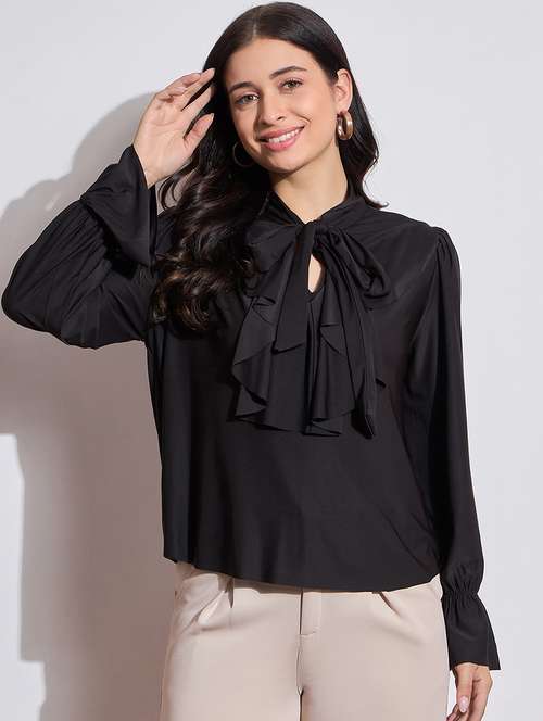 women solid tie up neck ruffled detailed puff sleeves top - 21689974 -  Standard Image - 0