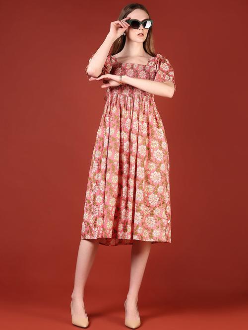 women floral printed puff sleeves fit & flare dress - 21689998 - Standard Image - 0