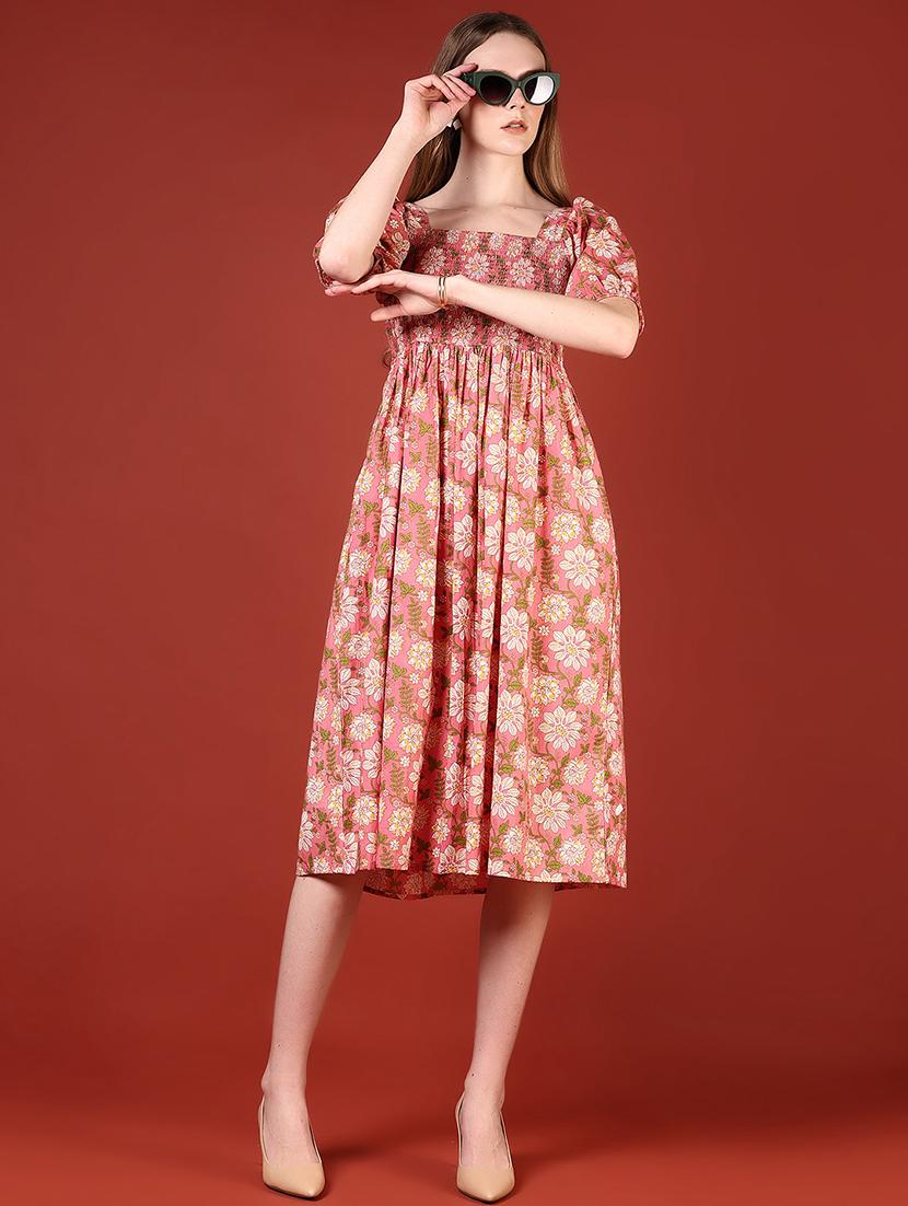 women floral printed puff sleeves fit & flare dress - 21689998 - Zoom Image - 0