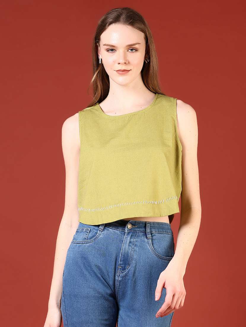women olive solid sleeveless crop top - 21690020 -  Standard Image - 1