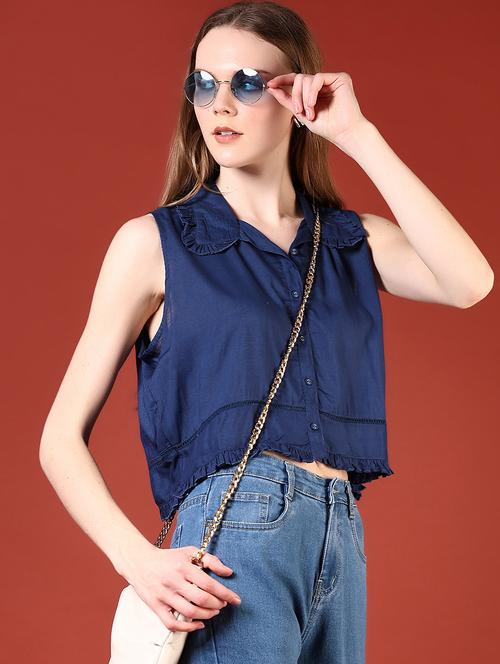 women solid sleelevess crop shirt - 21690022 -  Standard Image - 0