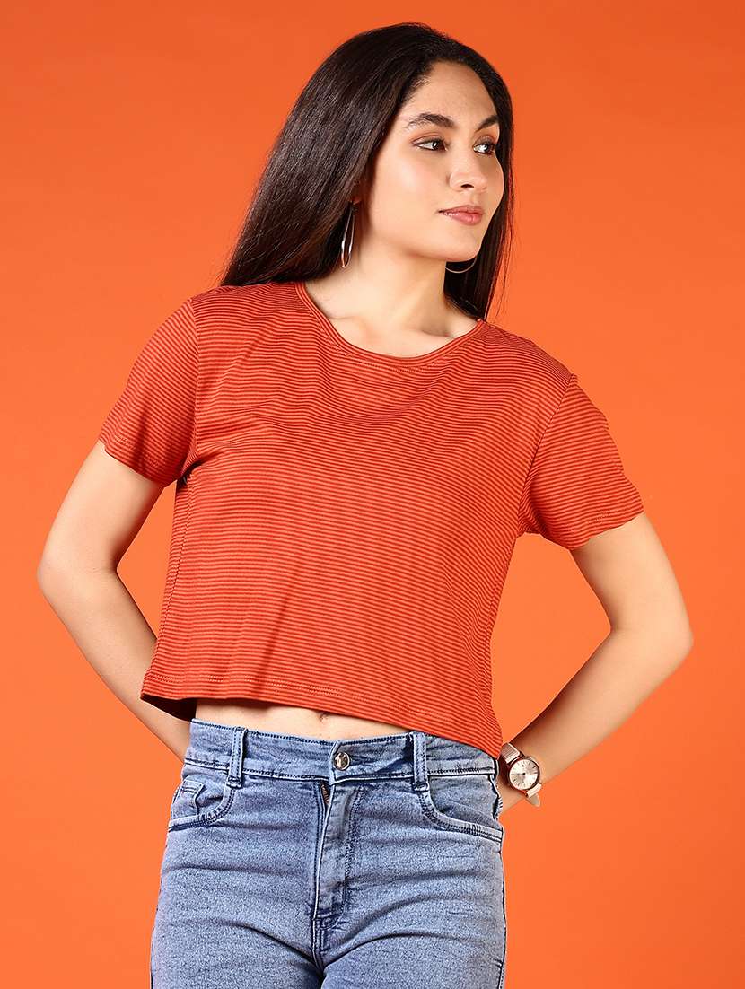 women striped round neck crop t-shirt