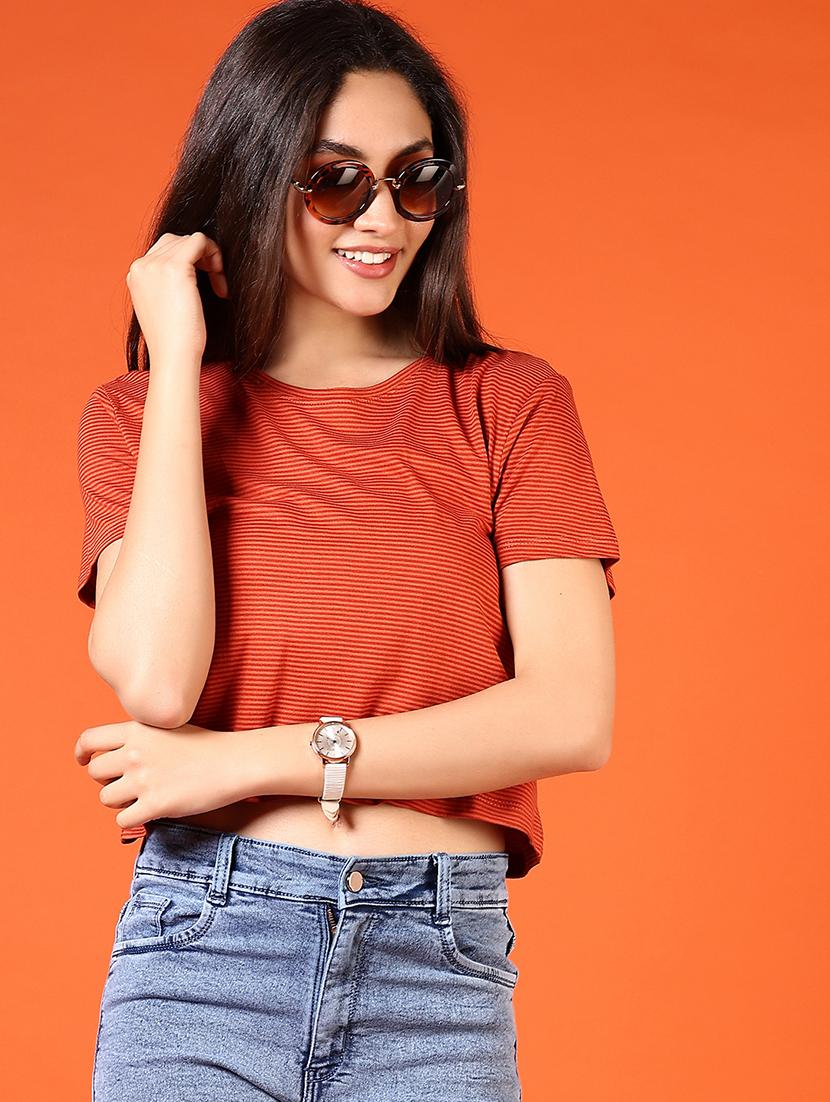 women striped round neck crop t-shirt - 21690036 - Standard Image - 1