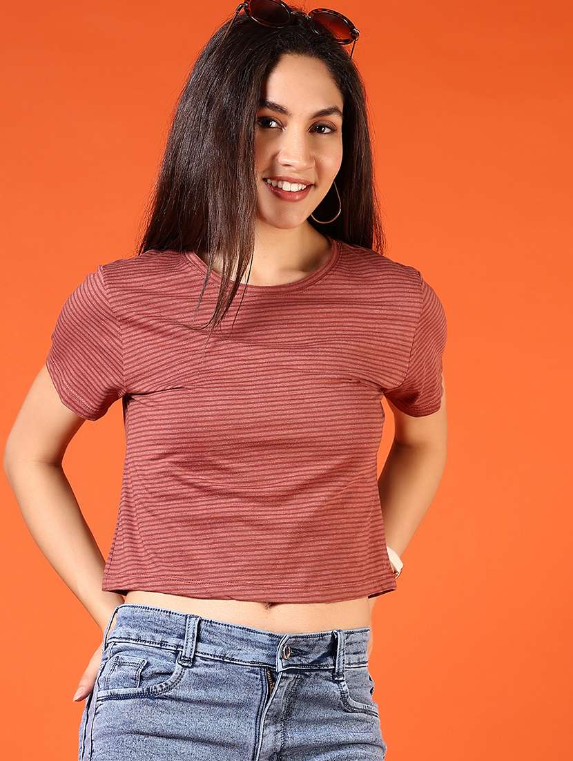 women striped round neck crop t-shirt - 21690037 -  Standard Image - 1
