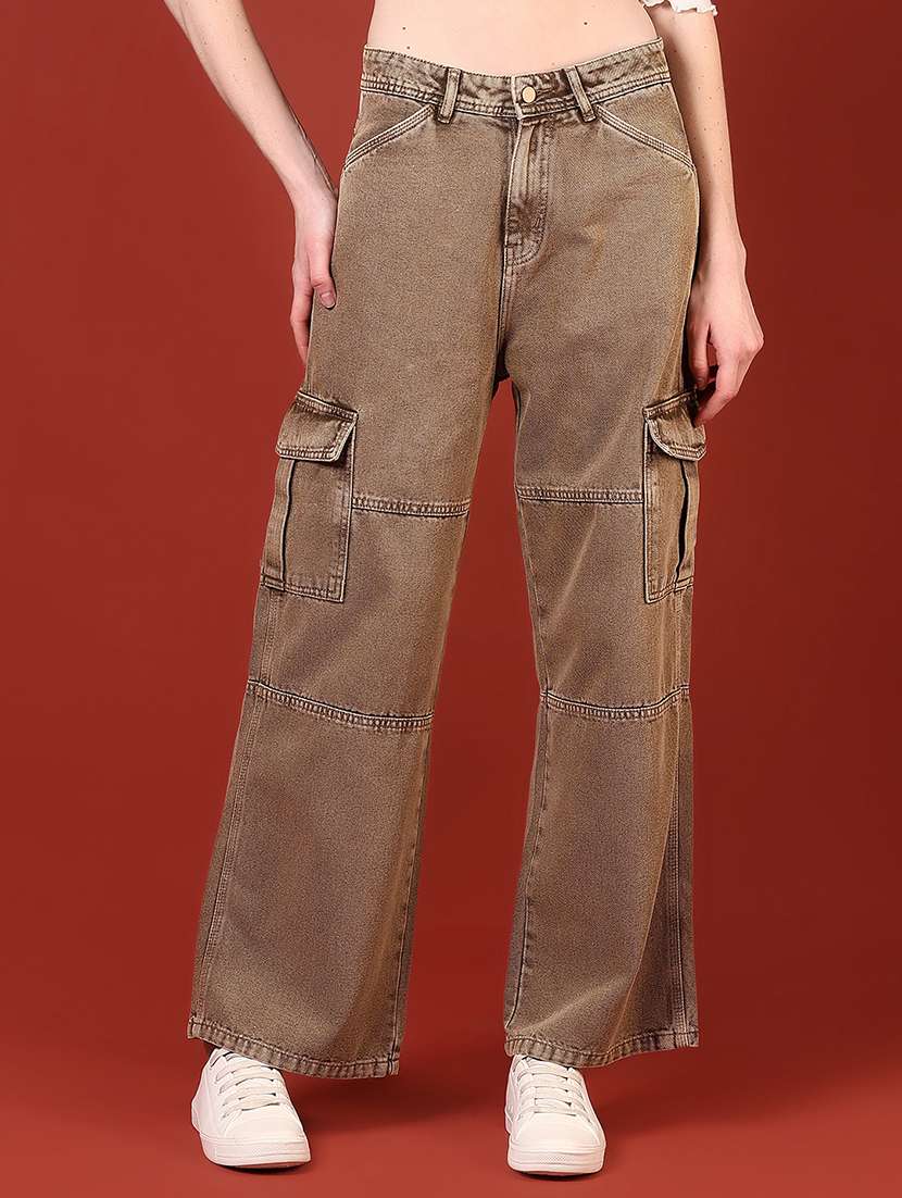 women brown mid rise cargo