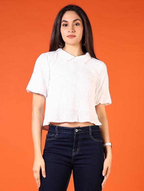women white solid short sleeve crop top - 21690044 - Standard Image - 0