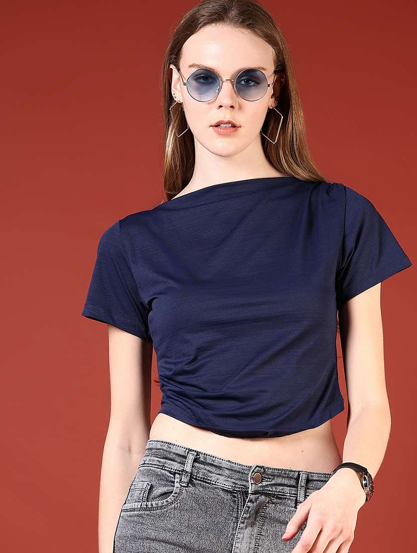 women navy blue solid short sleeve crop top