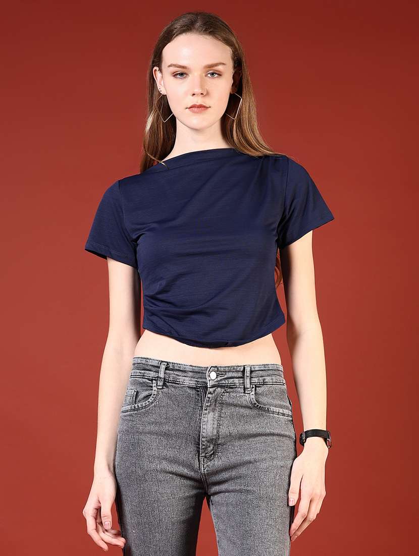 women navy blue solid short sleeve crop top - 21690047 -  Standard Image - 1