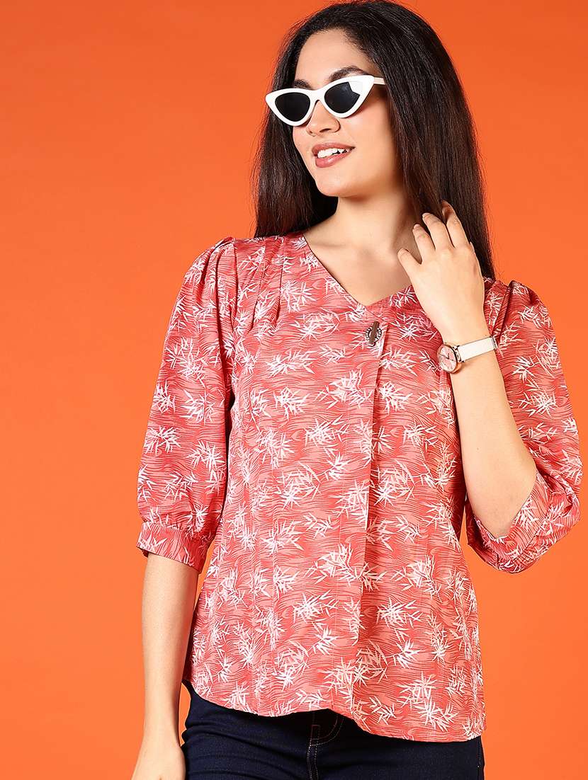 women peach printed three quarter sleeve regular top - 21690052 -  Standard Image - 1