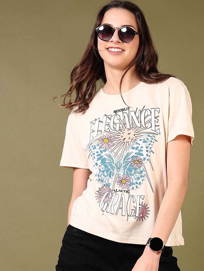 women beige printed round neck t-shirt - 21690065 - Standard Image - 1