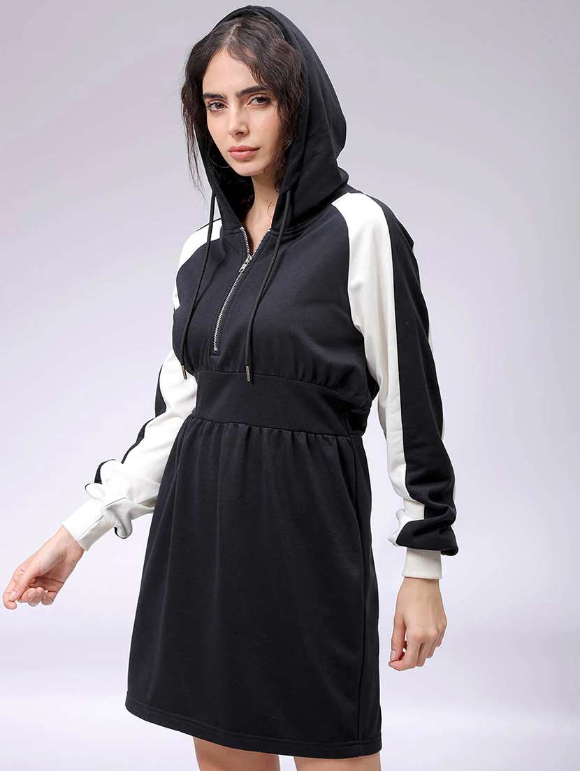 women solid fleece color block hooded dress - 21690133 -  Standard Image - 1