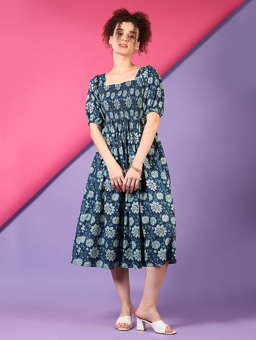 women blue floral printed puff sleeve fit & flare dress - 21690567 -  Standard Image - 0